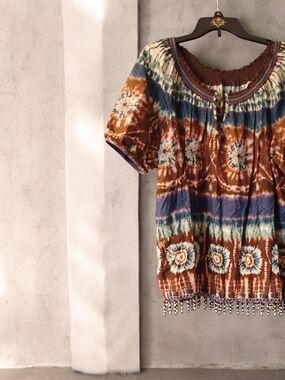 Boho Tie-Dye Peasant Blouse in Brown & Blue
